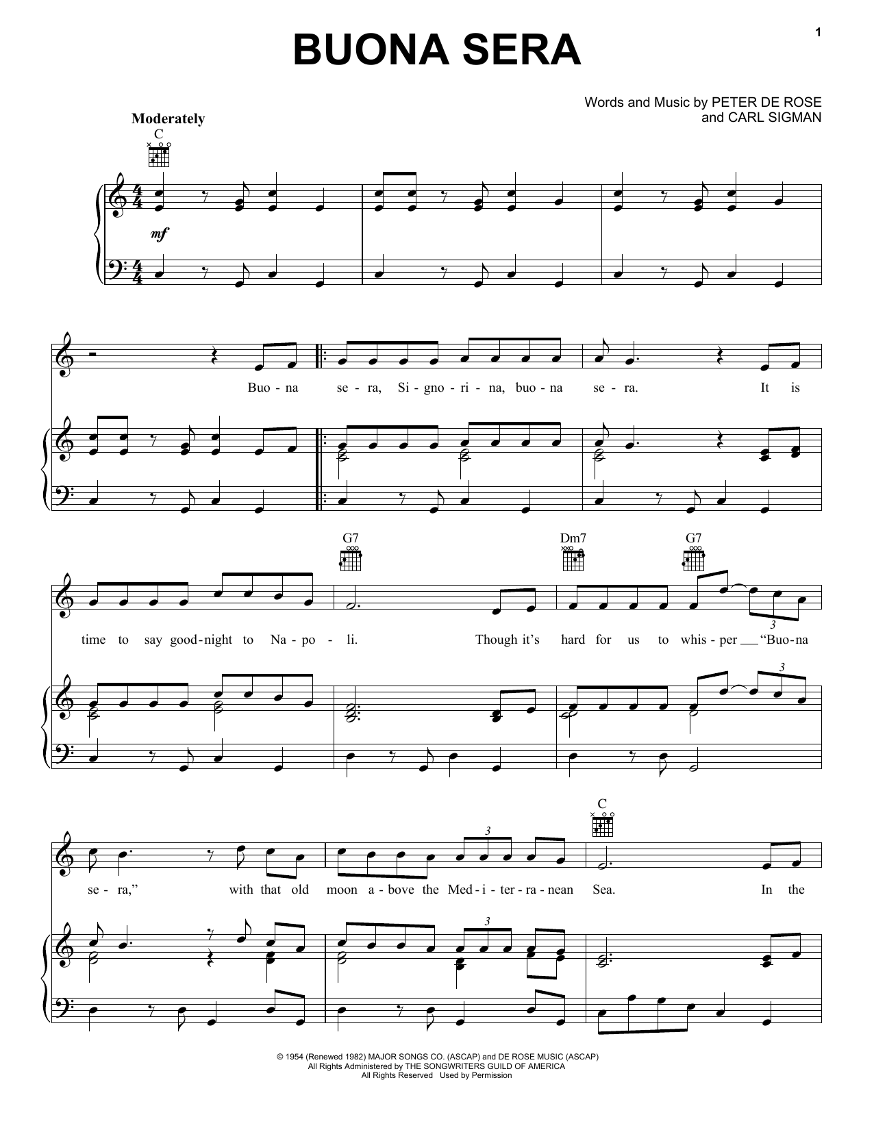 Louis Prima Buona Sera Sheet Music Notes & Chords for Piano, Vocal & Guitar (Right-Hand Melody) - Download or Print PDF