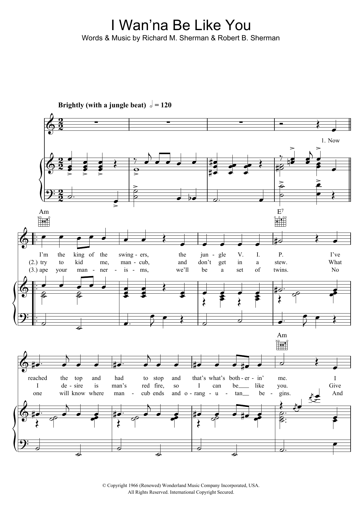 Louis Prima I Wan'na Be Like You (from The Jungle Book) Sheet Music Notes & Chords for Piano, Vocal & Guitar (Right-Hand Melody) - Download or Print PDF