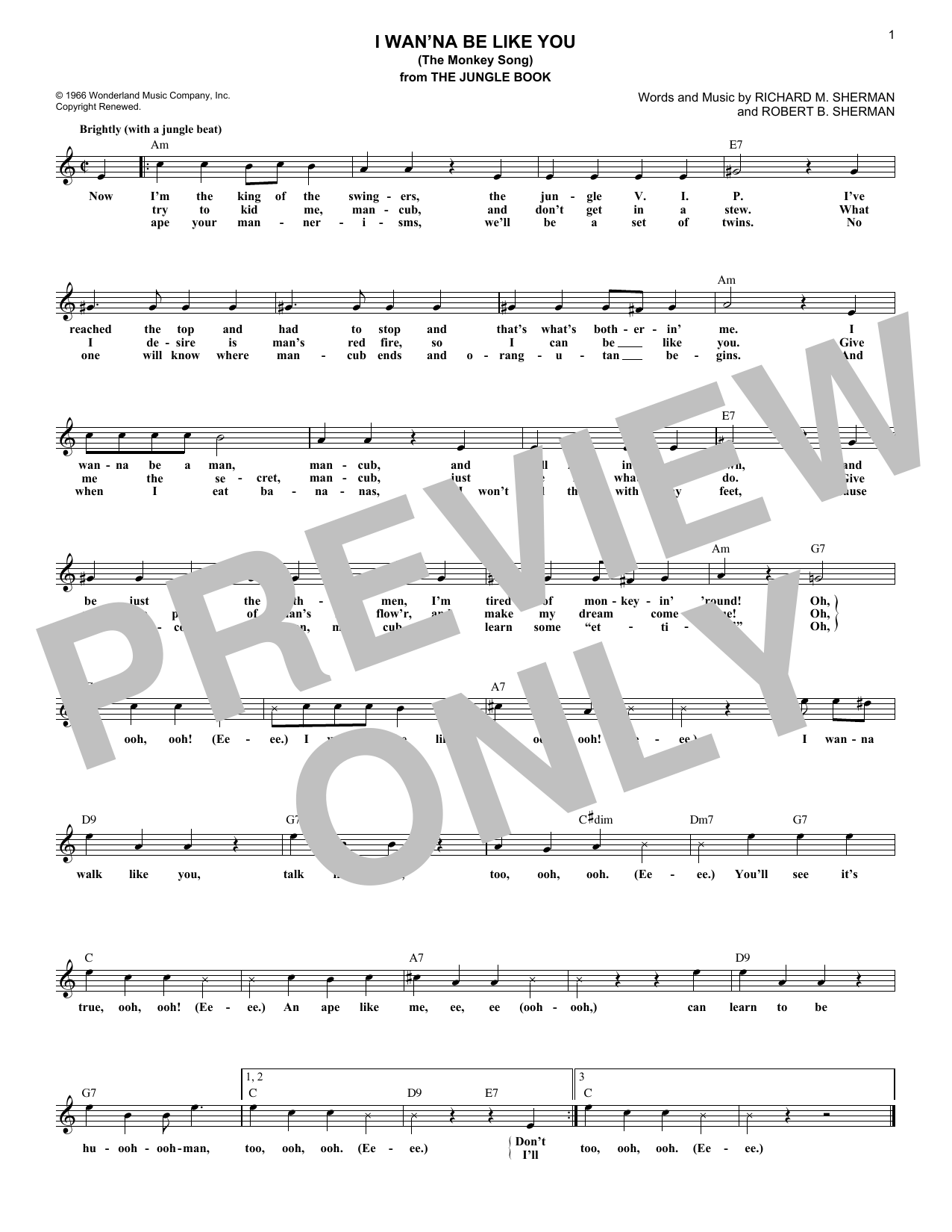 Louis Prima I Wan'na Be Like You (The Monkey Song) (from The Jungle Book) Sheet Music Notes & Chords for Melody Line, Lyrics & Chords - Download or Print PDF