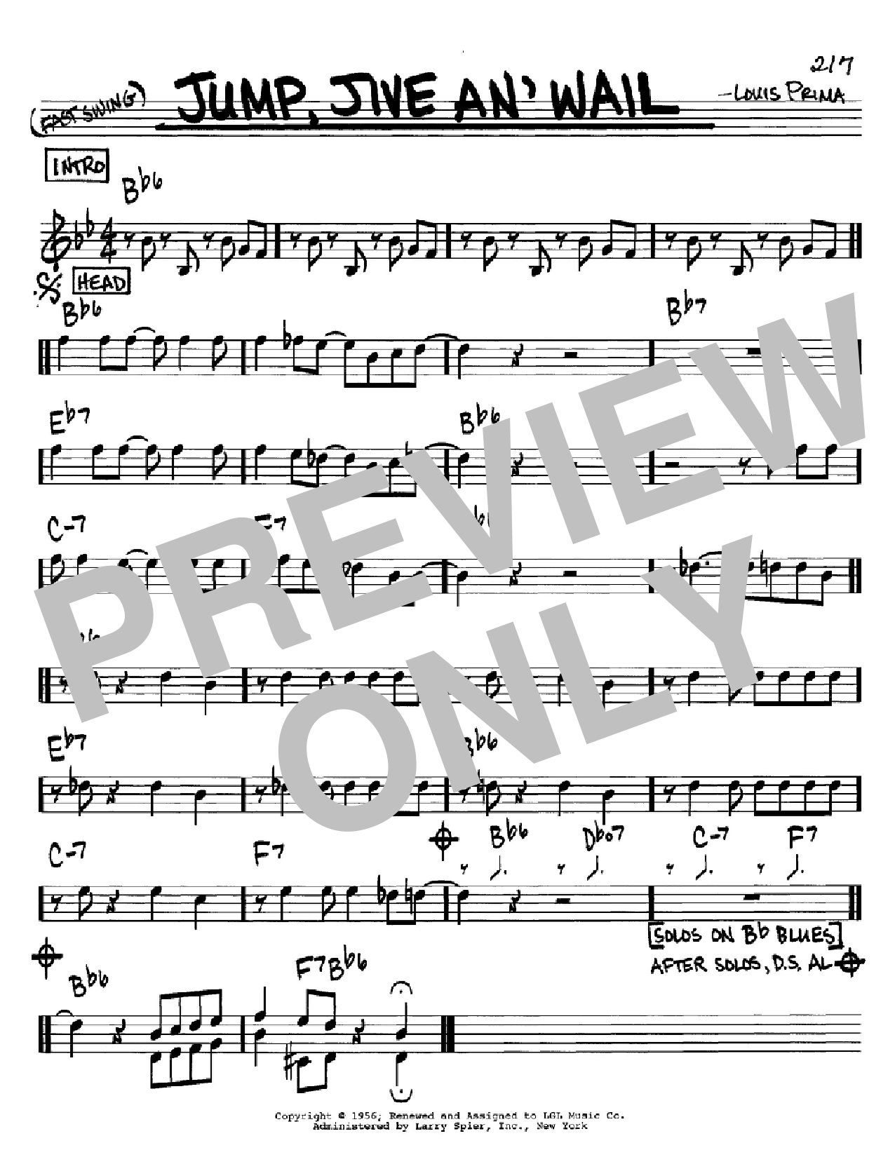 Louis Prima Jump, Jive An' Wail Sheet Music Notes & Chords for Real Book - Melody & Chords - C Instruments - Download or Print PDF