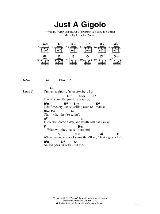 Louis Prima Just A Gigolo Sheet Music Notes & Chords for Lyrics & Chords - Download or Print PDF