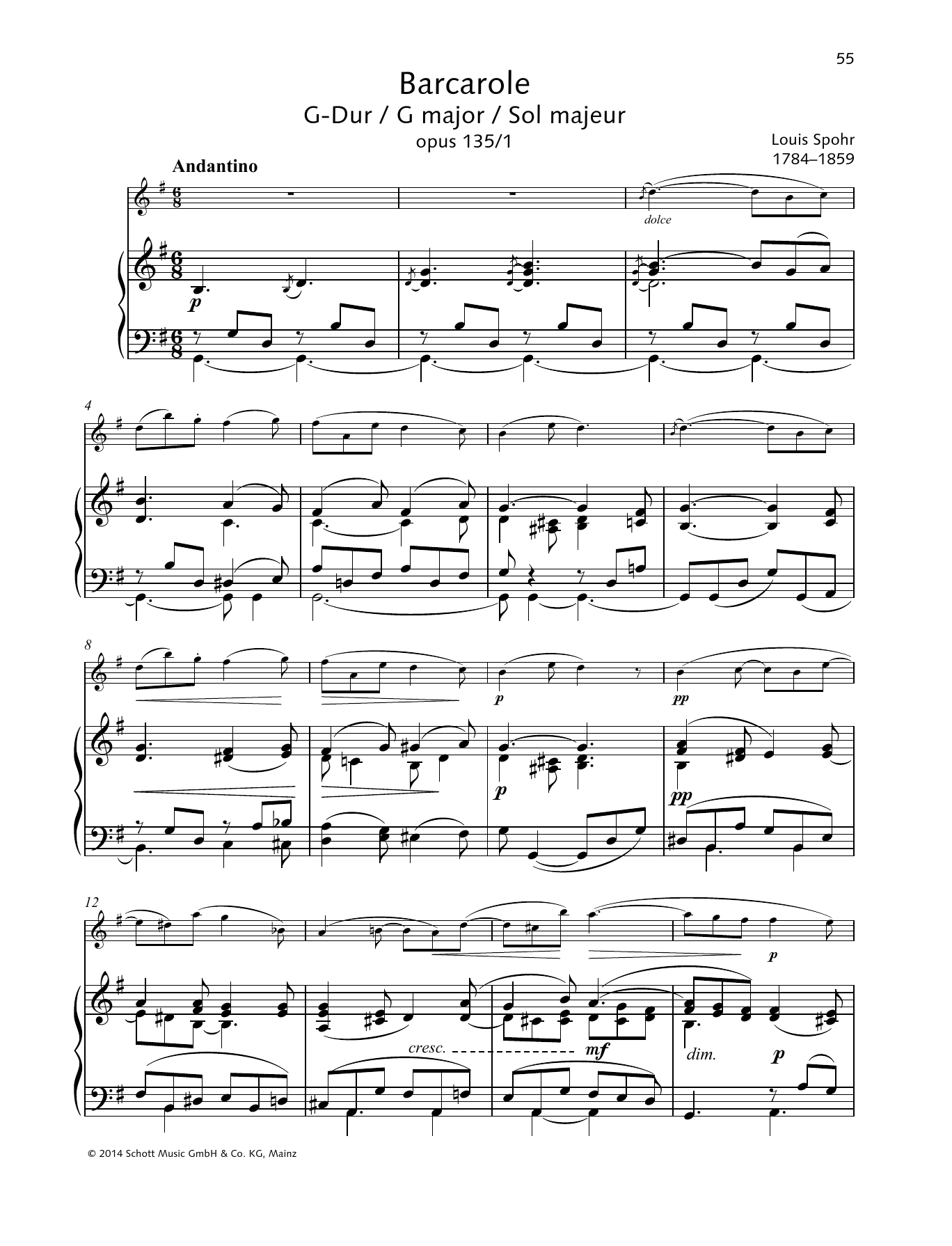 Louis Spohr Barcarole G major Sheet Music Notes & Chords for String Solo - Download or Print PDF