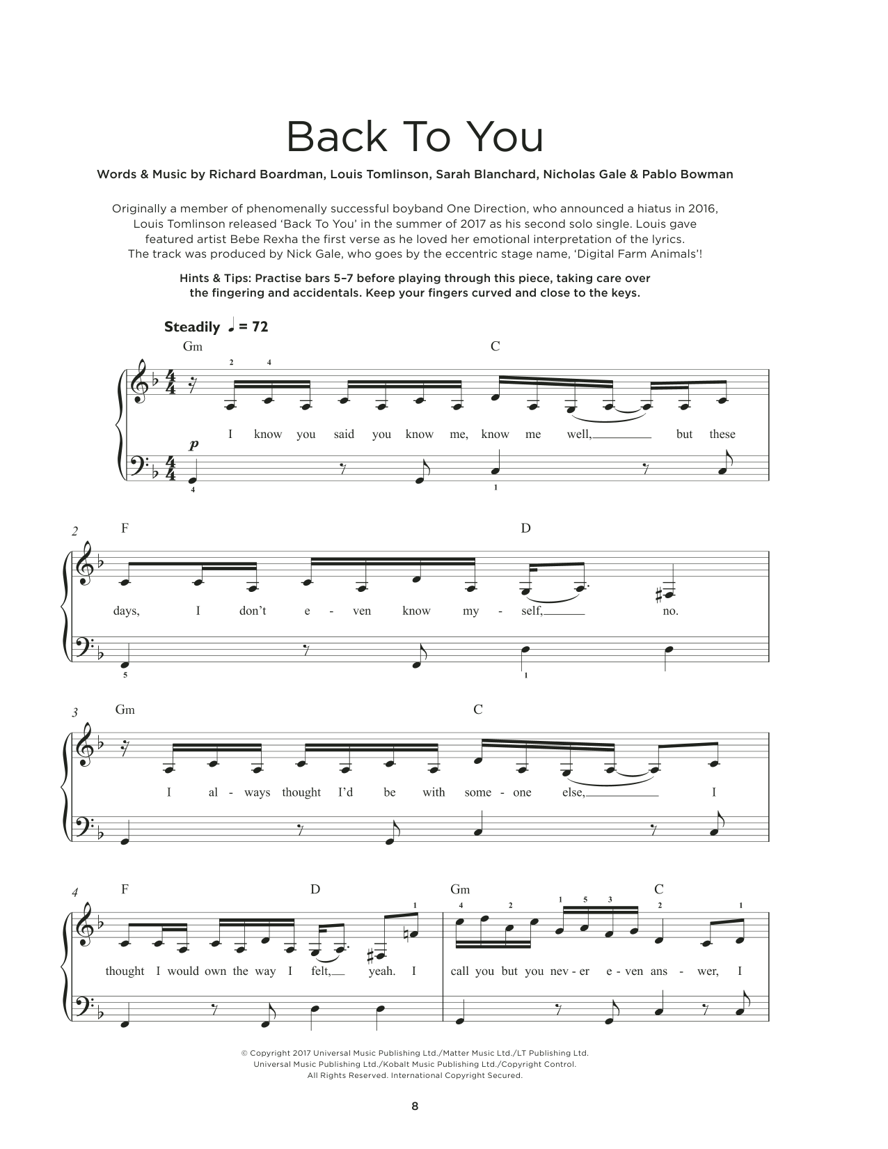 Louis Tomlinson Back To You (feat. Bebe Rexha & Digital Farm Animals) Sheet Music Notes & Chords for Beginner Piano - Download or Print PDF