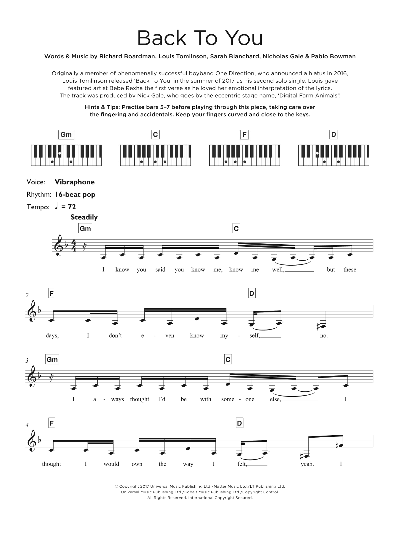 Louis Tomlinson Back To You (featuring Bebe Rexha and Digital Farm Animals) Sheet Music Notes & Chords for Keyboard - Download or Print PDF