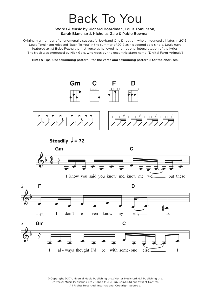 Louis Tomlinson Back To You (feat. Bebe Rexha & Digital Farm Animals) Sheet Music Notes & Chords for Beginner Ukulele - Download or Print PDF