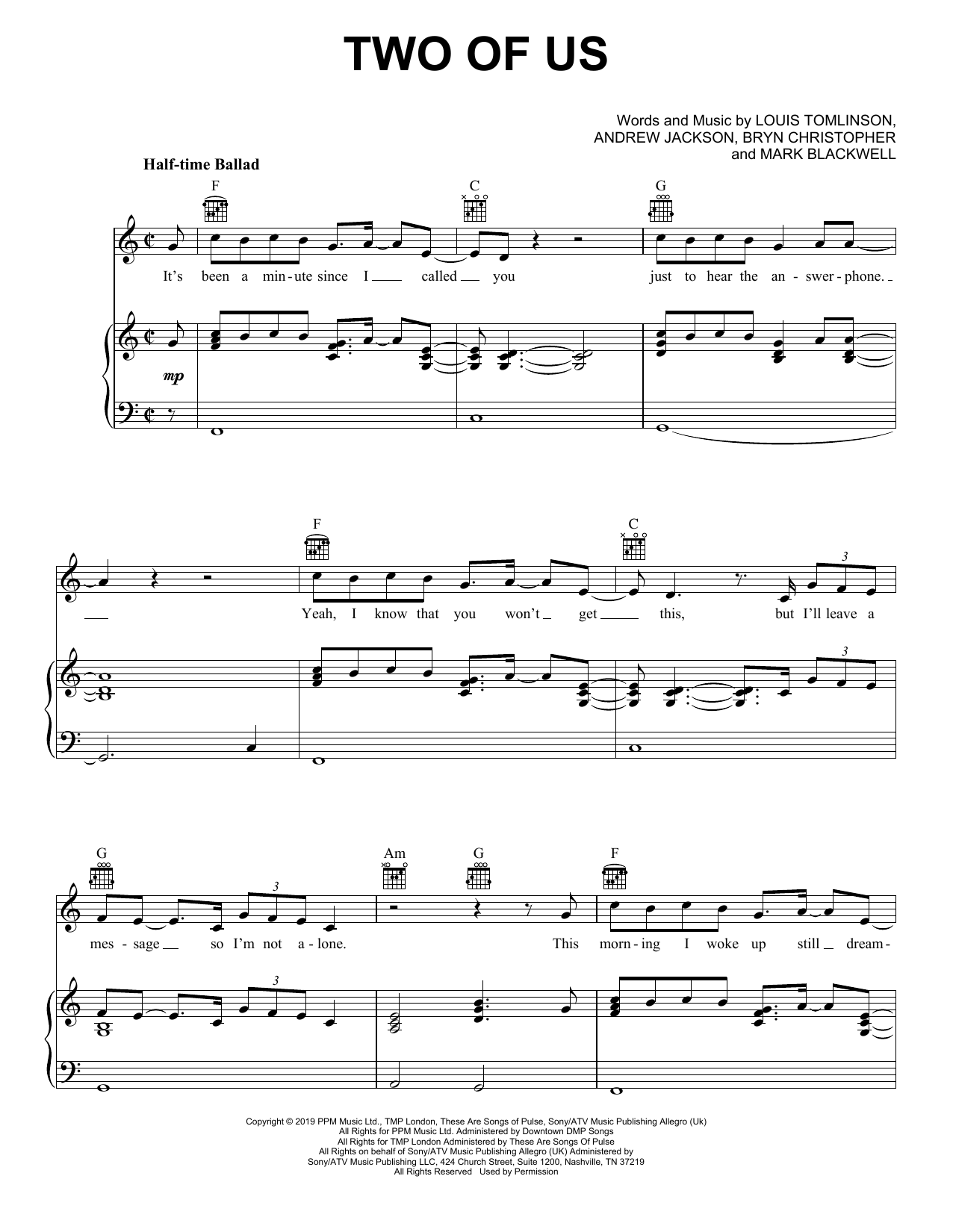 Louis Tomlinson Two Of Us Sheet Music Notes & Chords for Piano, Vocal & Guitar (Right-Hand Melody) - Download or Print PDF