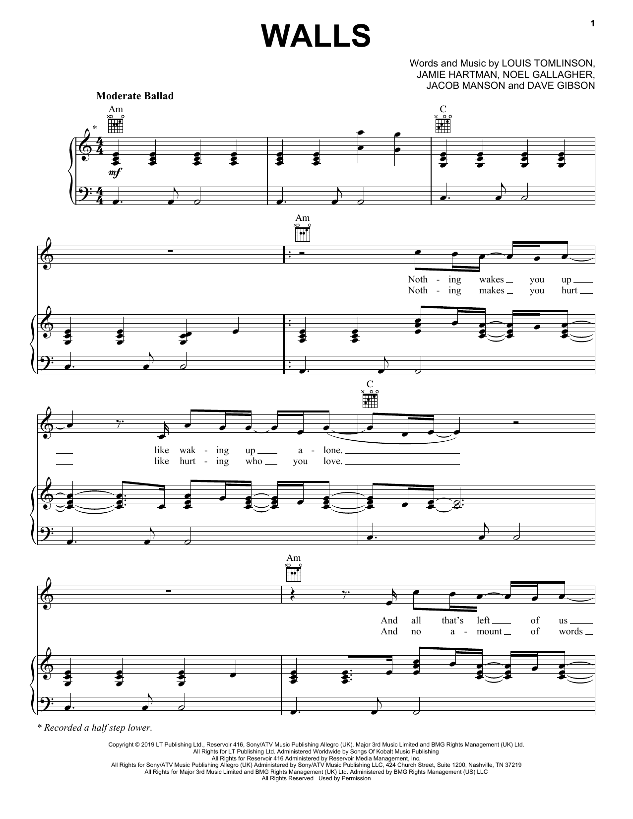 Louis Tomlinson Walls Sheet Music Notes & Chords for Piano, Vocal & Guitar (Right-Hand Melody) - Download or Print PDF