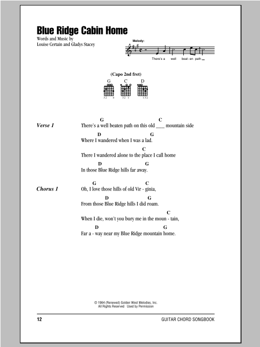 Louise Certain Blue Ridge Cabin Home Sheet Music Notes & Chords for Lyrics & Chords - Download or Print PDF