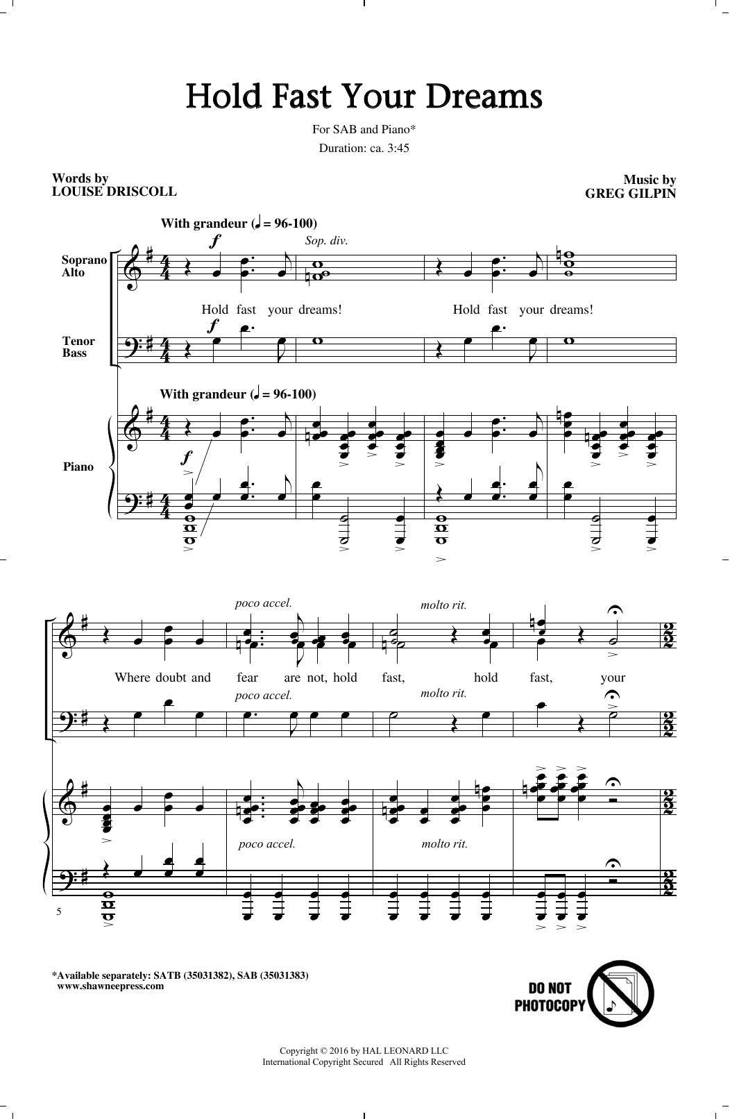 Louise Driscoll and Greg Gilpin Hold Fast Your Dreams! sheet music notes and chords. Download Printable PDF.