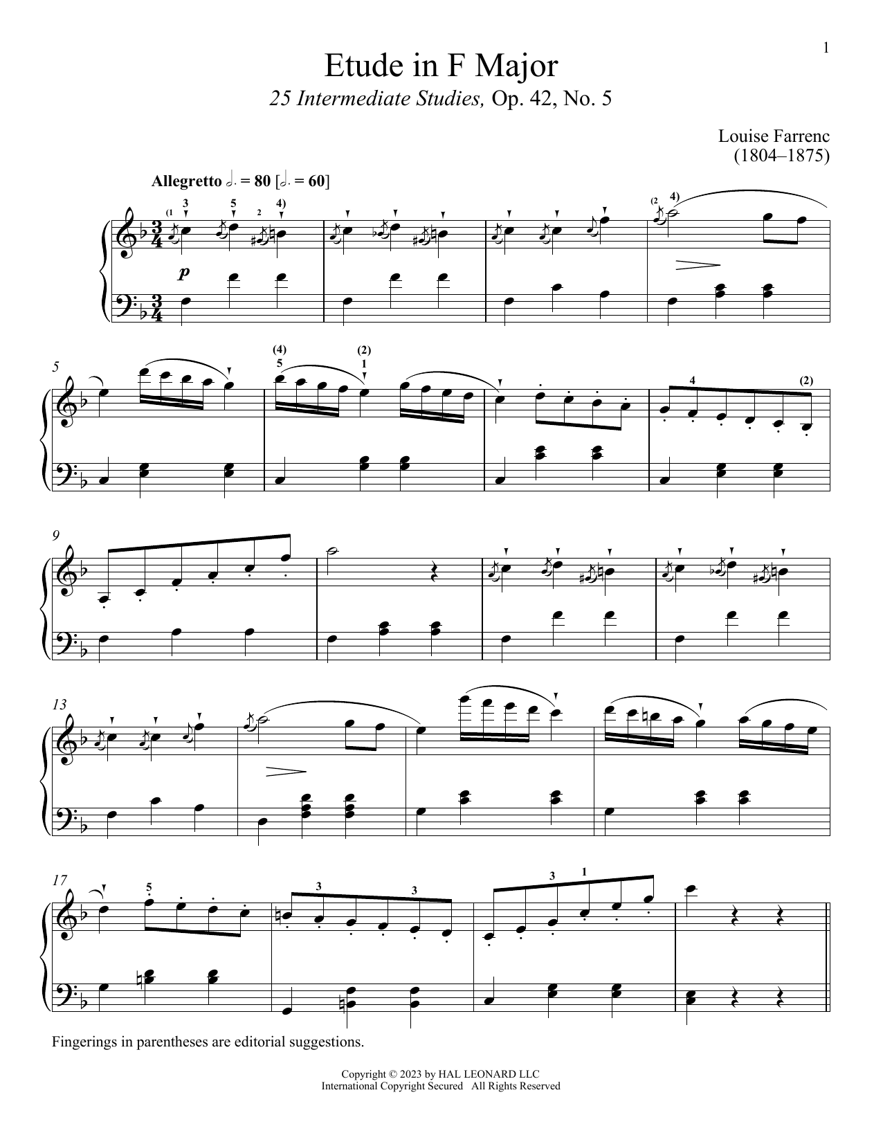 Louise Dumont Farrenc Etude in F Major Sheet Music Notes & Chords for Piano Solo - Download or Print PDF