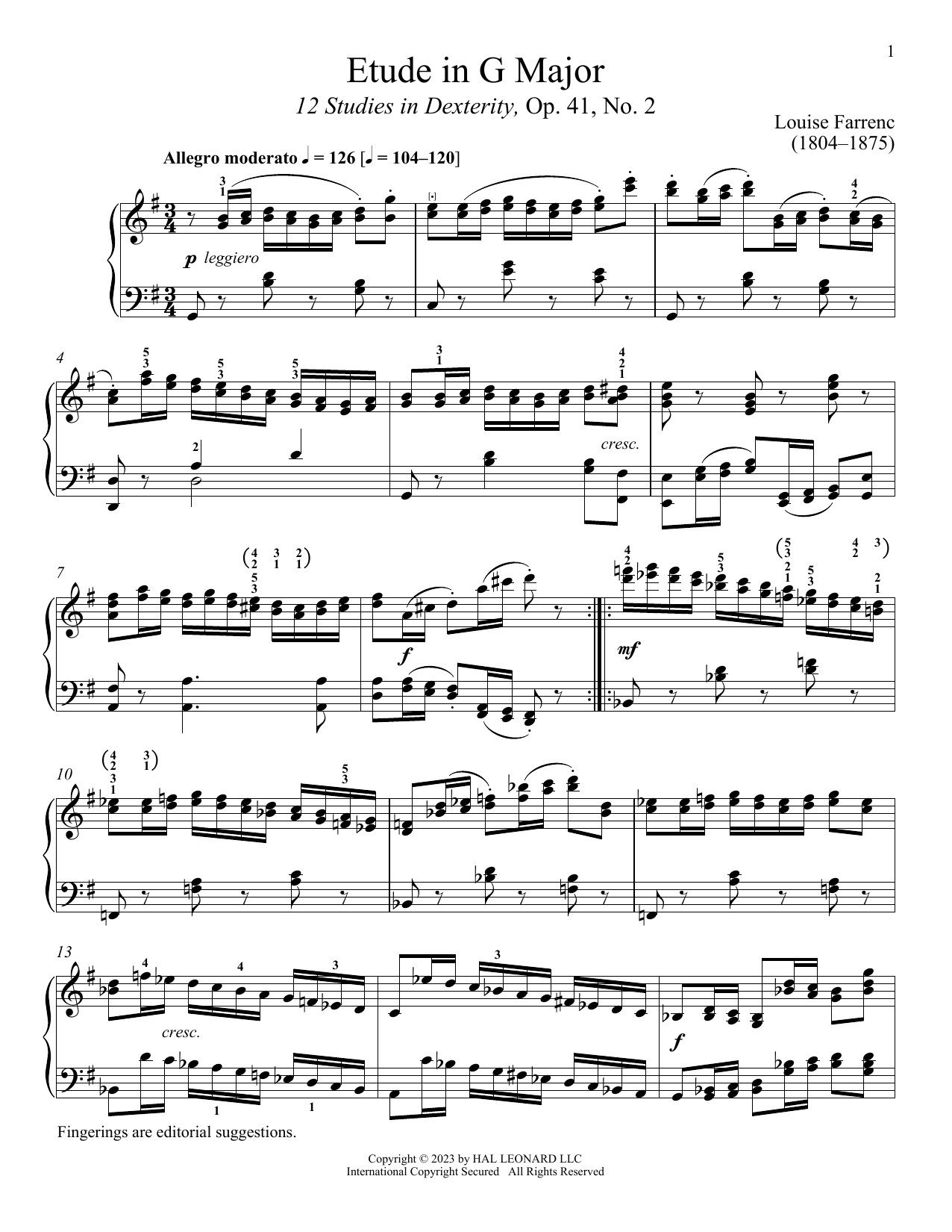 Louise Dumont Farrenc Etude in G Major Sheet Music Notes & Chords for Piano Solo - Download or Print PDF