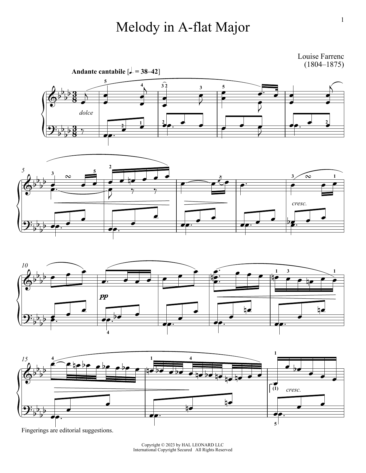 Louise Dumont Farrenc Melody in A-flat Major Sheet Music Notes & Chords for Piano Solo - Download or Print PDF