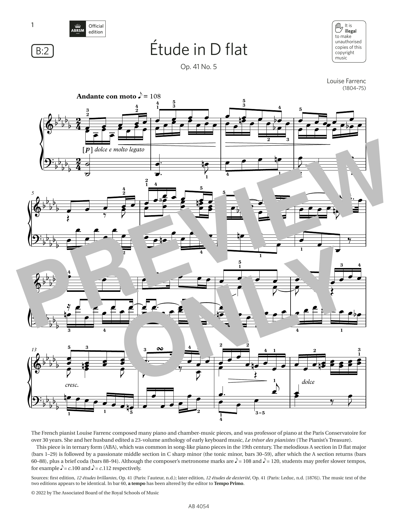 Louise Farrenc Étude in D flat (Grade 8, list B2, from the ABRSM Piano Syllabus 2023 & 2024) Sheet Music Notes & Chords for Piano Solo - Download or Print PDF