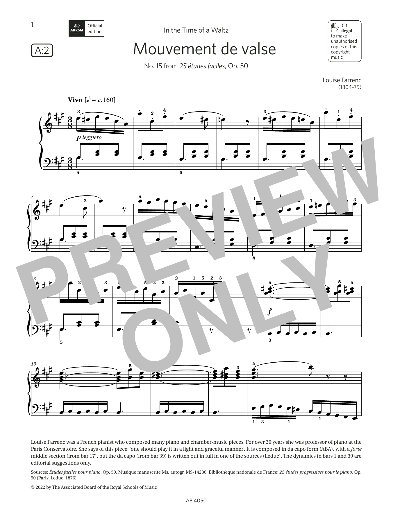 Louise Farrenc Mouvement de valse (Grade 4, list A2, from the ABRSM Piano Syllabus 2023 & 2024) Sheet Music Notes & Chords for Piano Solo - Download or Print PDF
