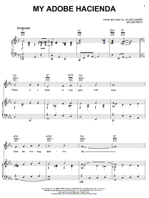 Louise Massey My Adobe Hacienda Sheet Music Notes & Chords for Piano, Vocal & Guitar (Right-Hand Melody) - Download or Print PDF