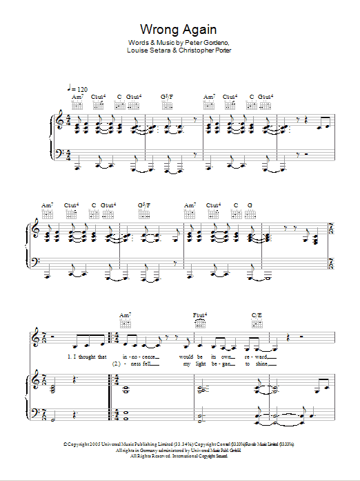 Louise Setara Wrong Again Sheet Music Notes & Chords for Piano, Vocal & Guitar - Download or Print PDF