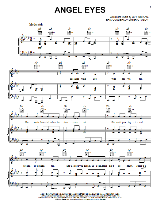 Love and Theft Angel Eyes Sheet Music Notes & Chords for Piano, Vocal & Guitar (Right-Hand Melody) - Download or Print PDF