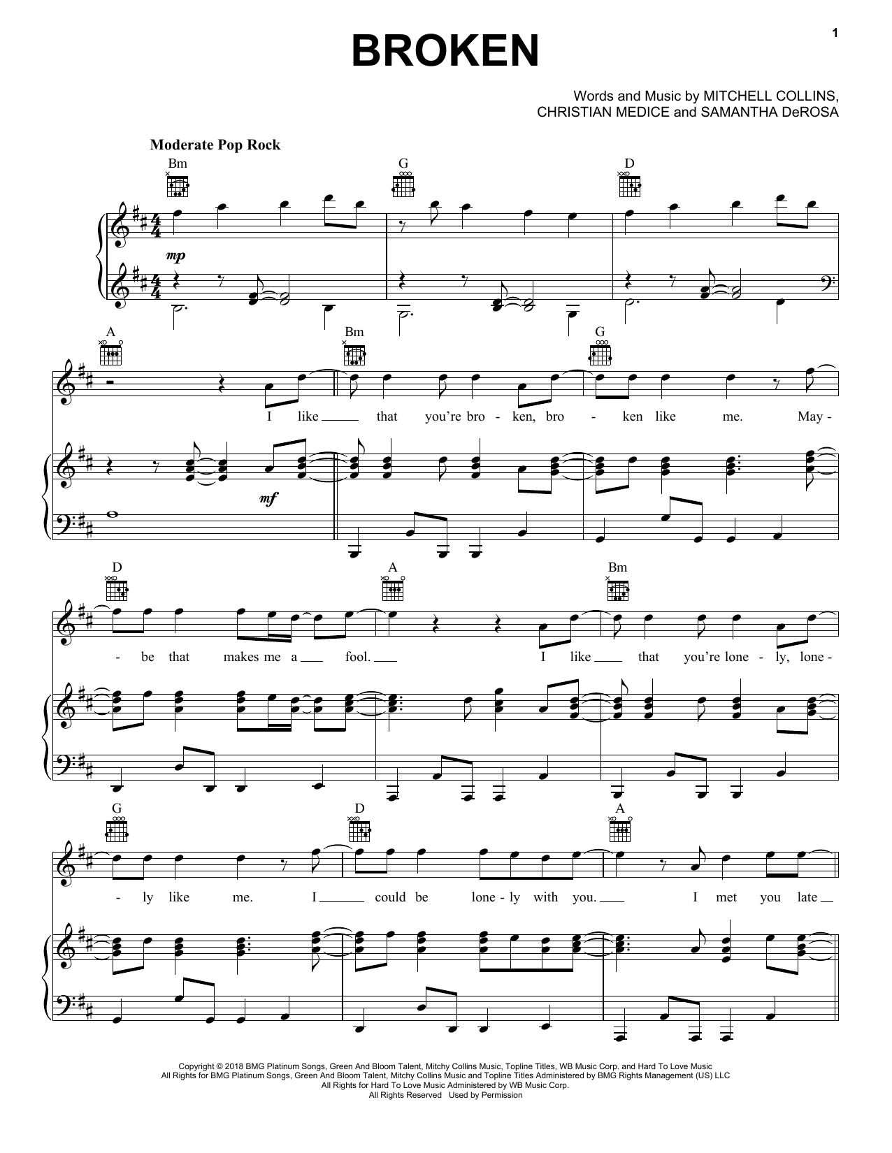 lovelytheband Broken Sheet Music Notes & Chords for Piano, Vocal & Guitar (Right-Hand Melody) - Download or Print PDF