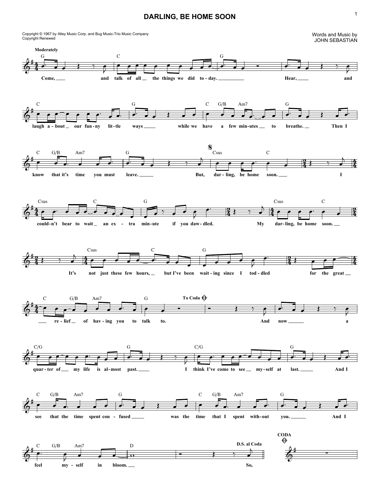 Lovin' Spoonful Darling, Be Home Soon Sheet Music Notes & Chords for Melody Line, Lyrics & Chords - Download or Print PDF