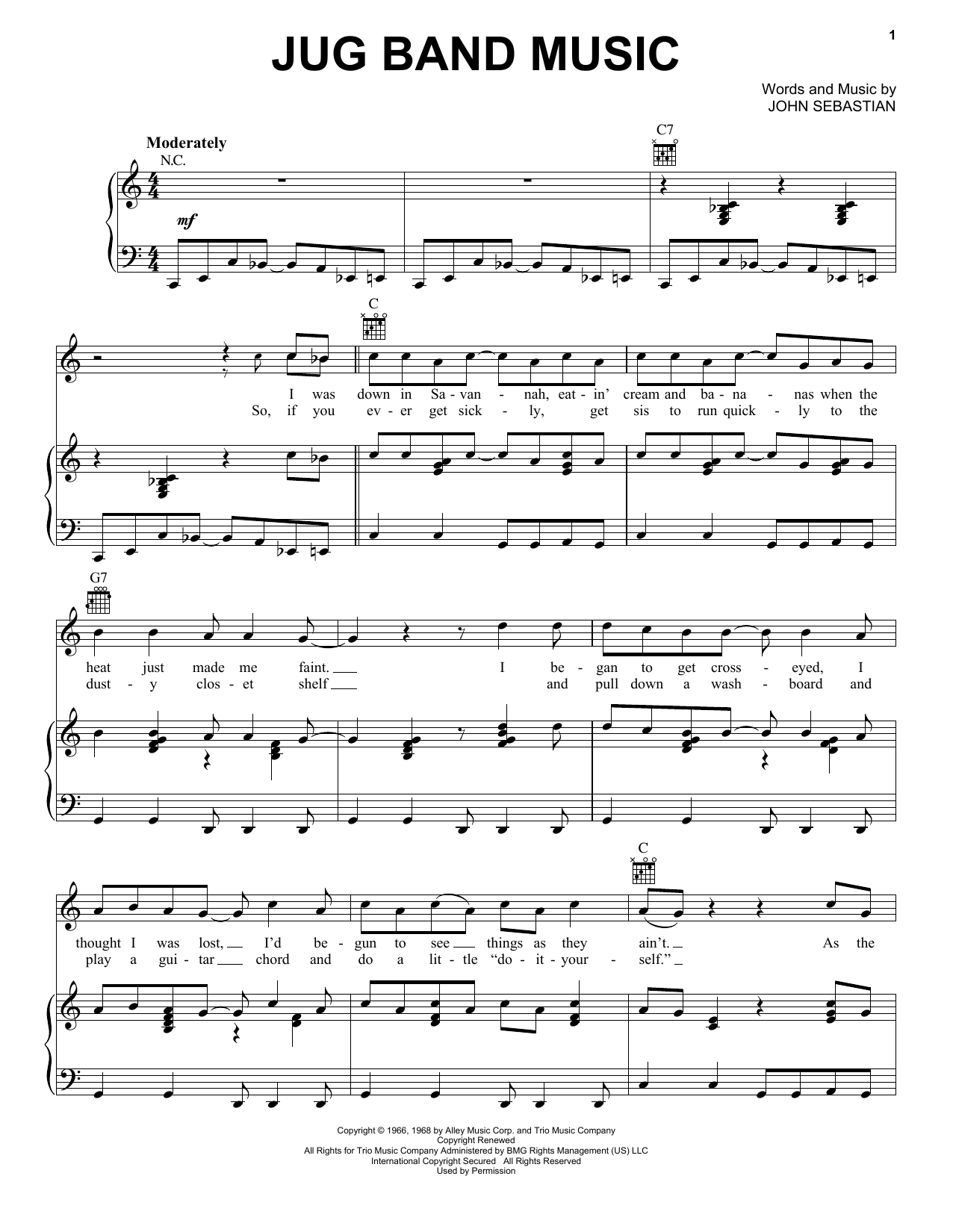 Lovin' Spoonful Jug Band Music Sheet Music Notes & Chords for Piano, Vocal & Guitar (Right-Hand Melody) - Download or Print PDF