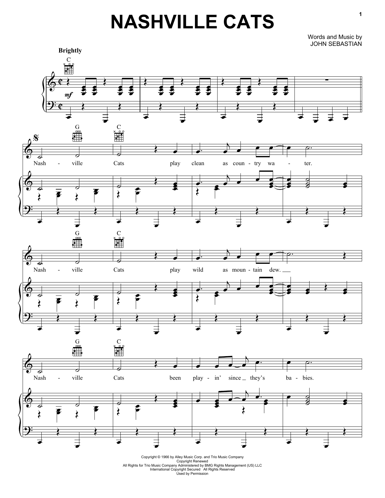 Lovin' Spoonful Nashville Cats Sheet Music Notes & Chords for Piano, Vocal & Guitar (Right-Hand Melody) - Download or Print PDF