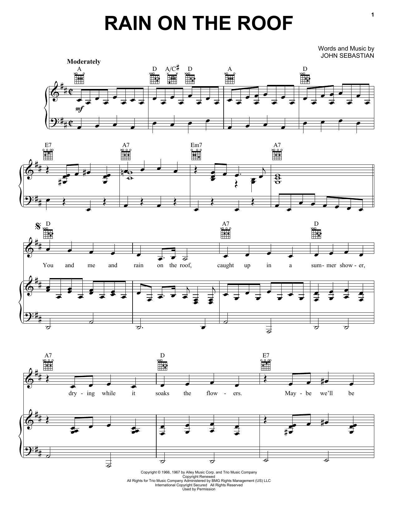 Lovin' Spoonful Rain On The Roof Sheet Music Notes & Chords for Piano, Vocal & Guitar (Right-Hand Melody) - Download or Print PDF