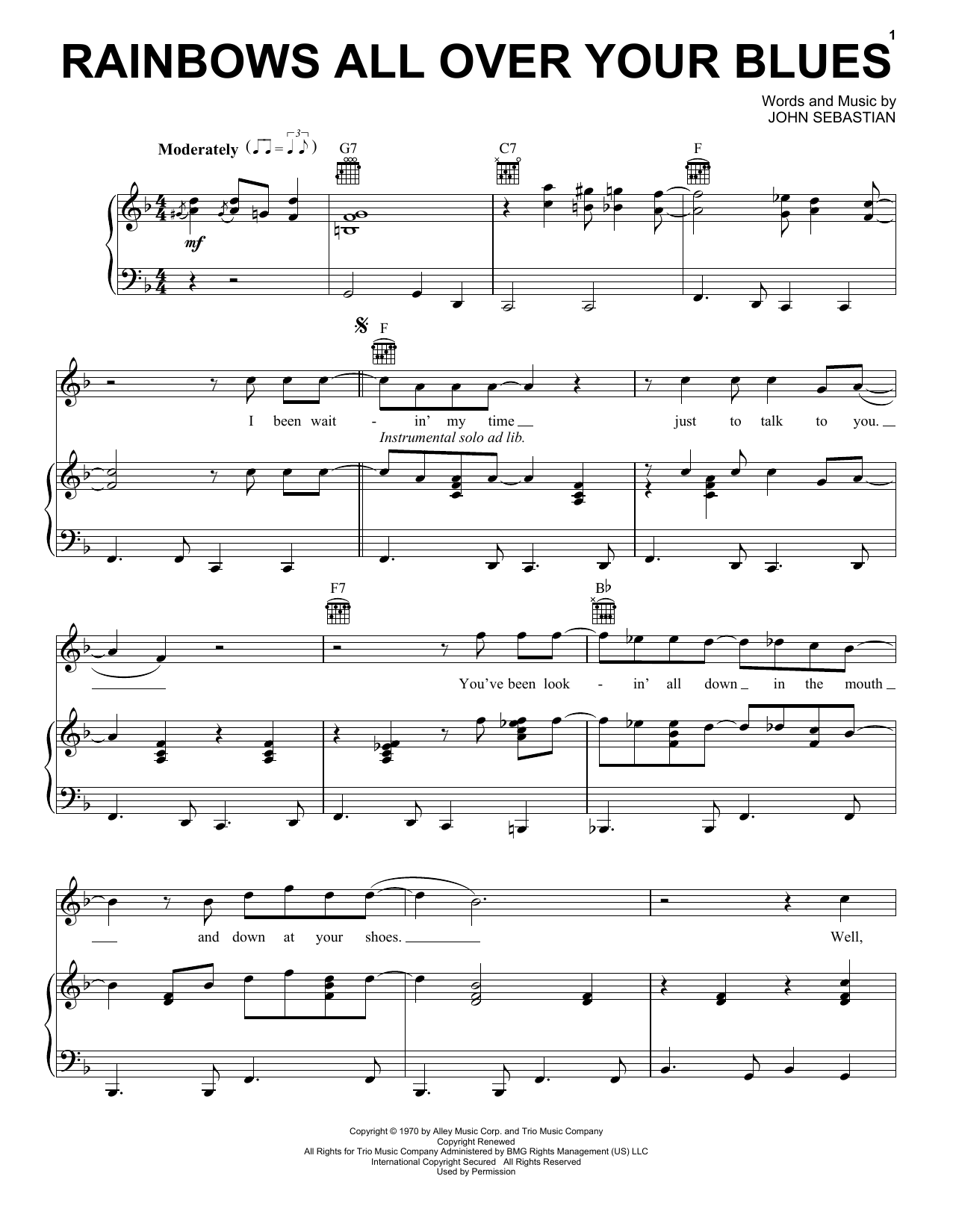 Lovin' Spoonful Rainbows All Over Your Blues Sheet Music Notes & Chords for Piano, Vocal & Guitar (Right-Hand Melody) - Download or Print PDF