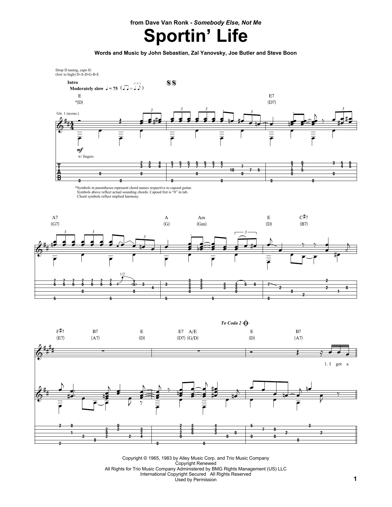 Lovin' Spoonful Sportin' Life Sheet Music Notes & Chords for Guitar Tab - Download or Print PDF