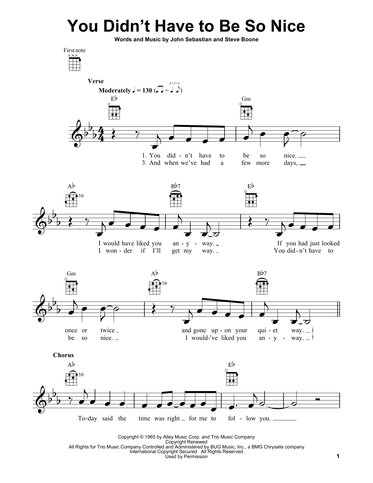 Lovin' Spoonful You Didn't Have To Be So Nice Sheet Music Notes & Chords for Melody Line, Lyrics & Chords - Download or Print PDF