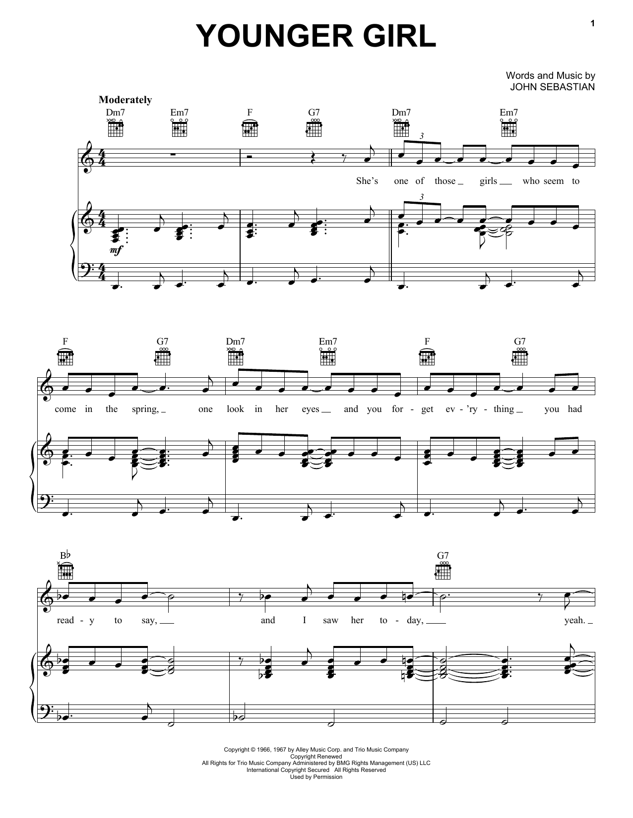 Lovin' Spoonful Younger Girl Sheet Music Notes & Chords for Piano, Vocal & Guitar (Right-Hand Melody) - Download or Print PDF