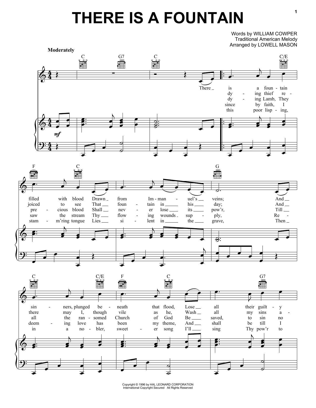 Lowell Mason There Is A Fountain Sheet Music Notes & Chords for Piano, Vocal & Guitar Chords (Right-Hand Melody) - Download or Print PDF