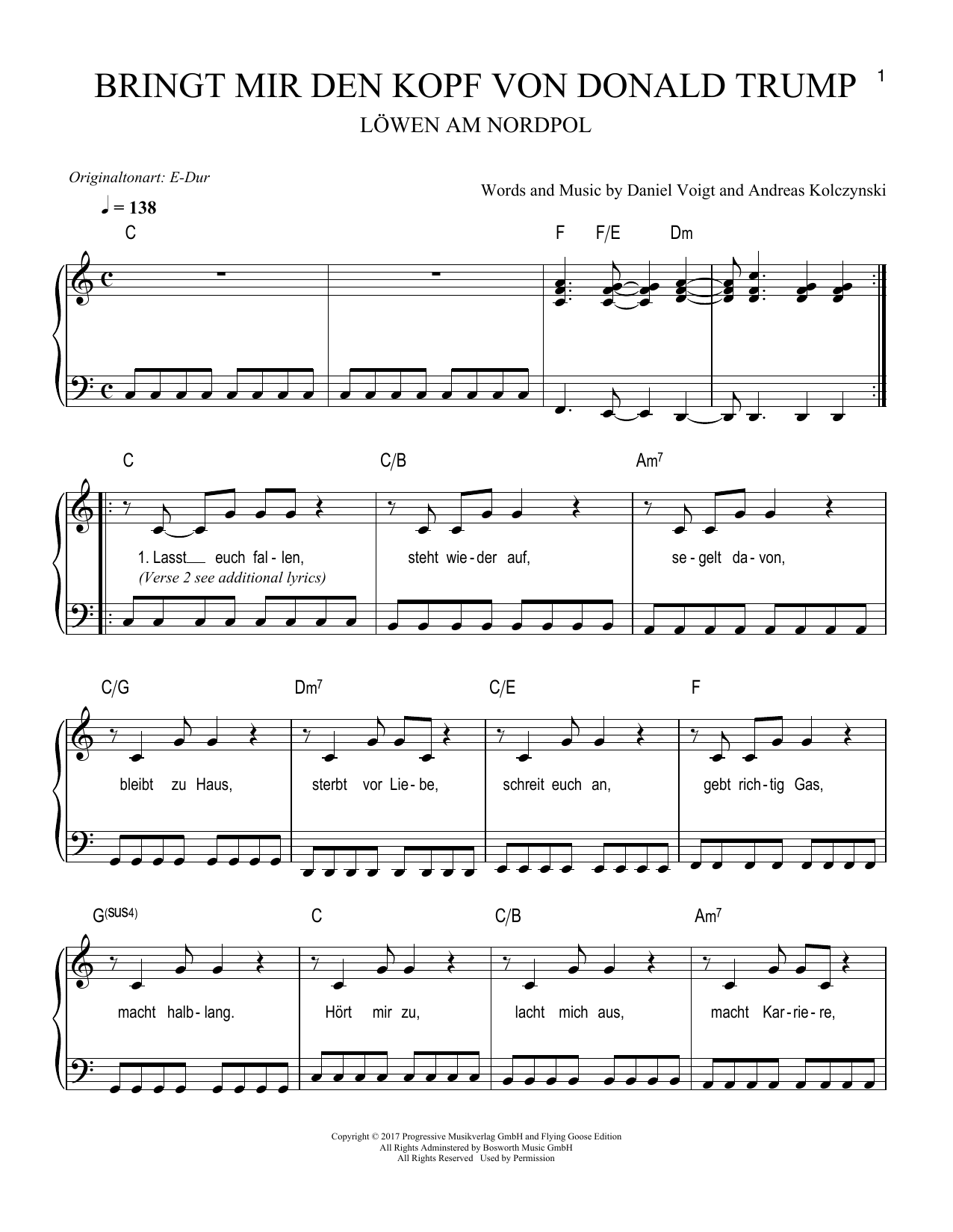Löwen am Nordpol Bringt mir den Kopf von Donald Trump Sheet Music Notes & Chords for Easy Piano - Download or Print PDF