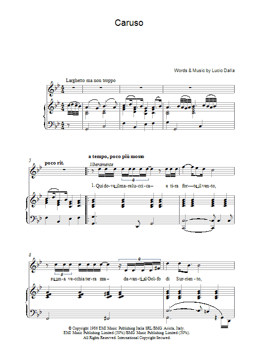 Luciano Pavarotti Caruso Sheet Music Notes & Chords for Piano, Vocal & Guitar - Download or Print PDF