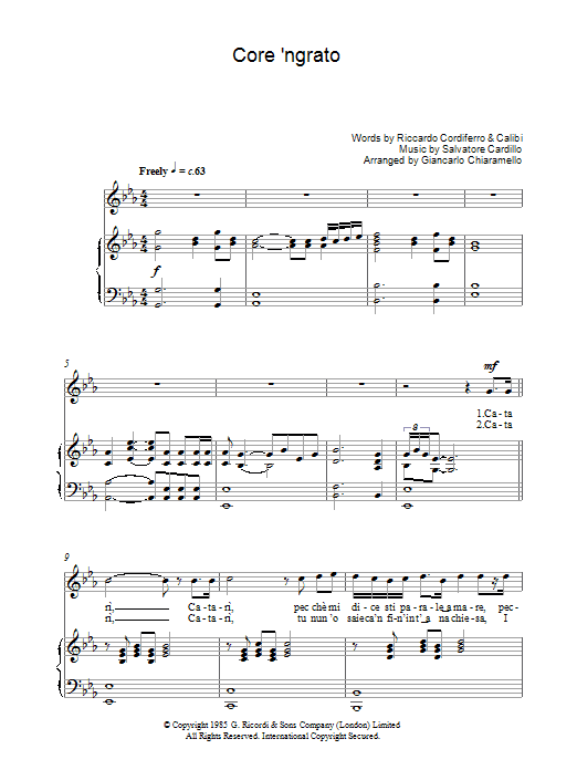 Luciano Pavarotti Core 'Ngrato Sheet Music Notes & Chords for Piano, Vocal & Guitar - Download or Print PDF