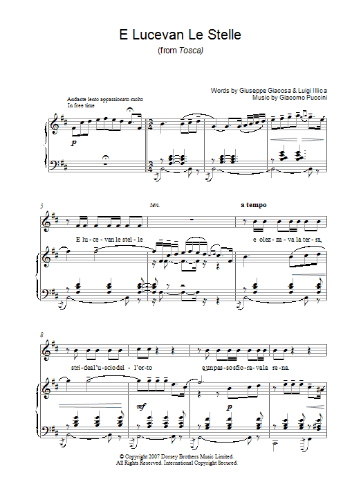 Luciano Pavarotti E Lucevan Le Stelle (from Tosca) Sheet Music Notes & Chords for Piano, Vocal & Guitar - Download or Print PDF
