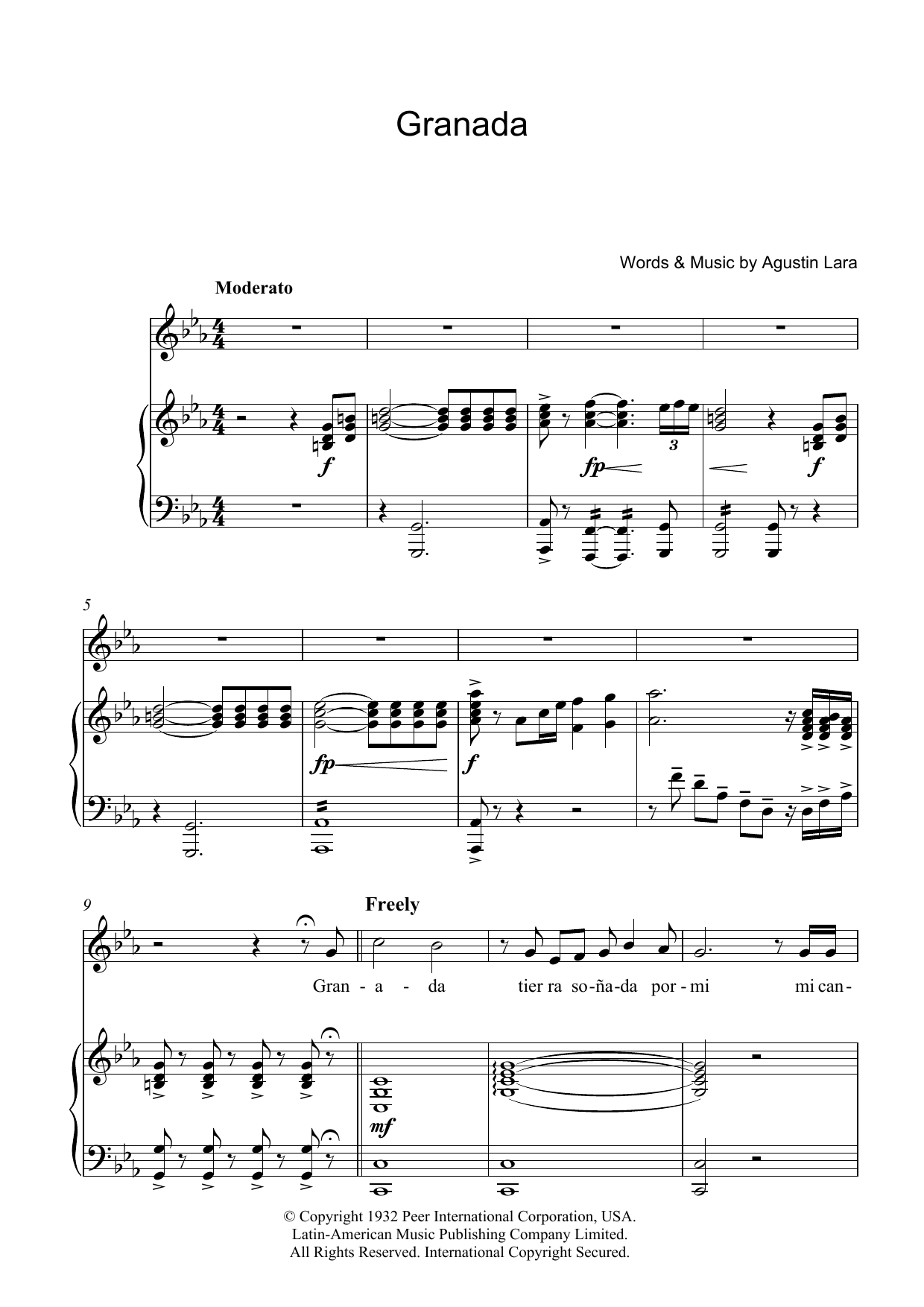 Luciano Pavarotti Granada Sheet Music Notes & Chords for Piano, Vocal & Guitar - Download or Print PDF