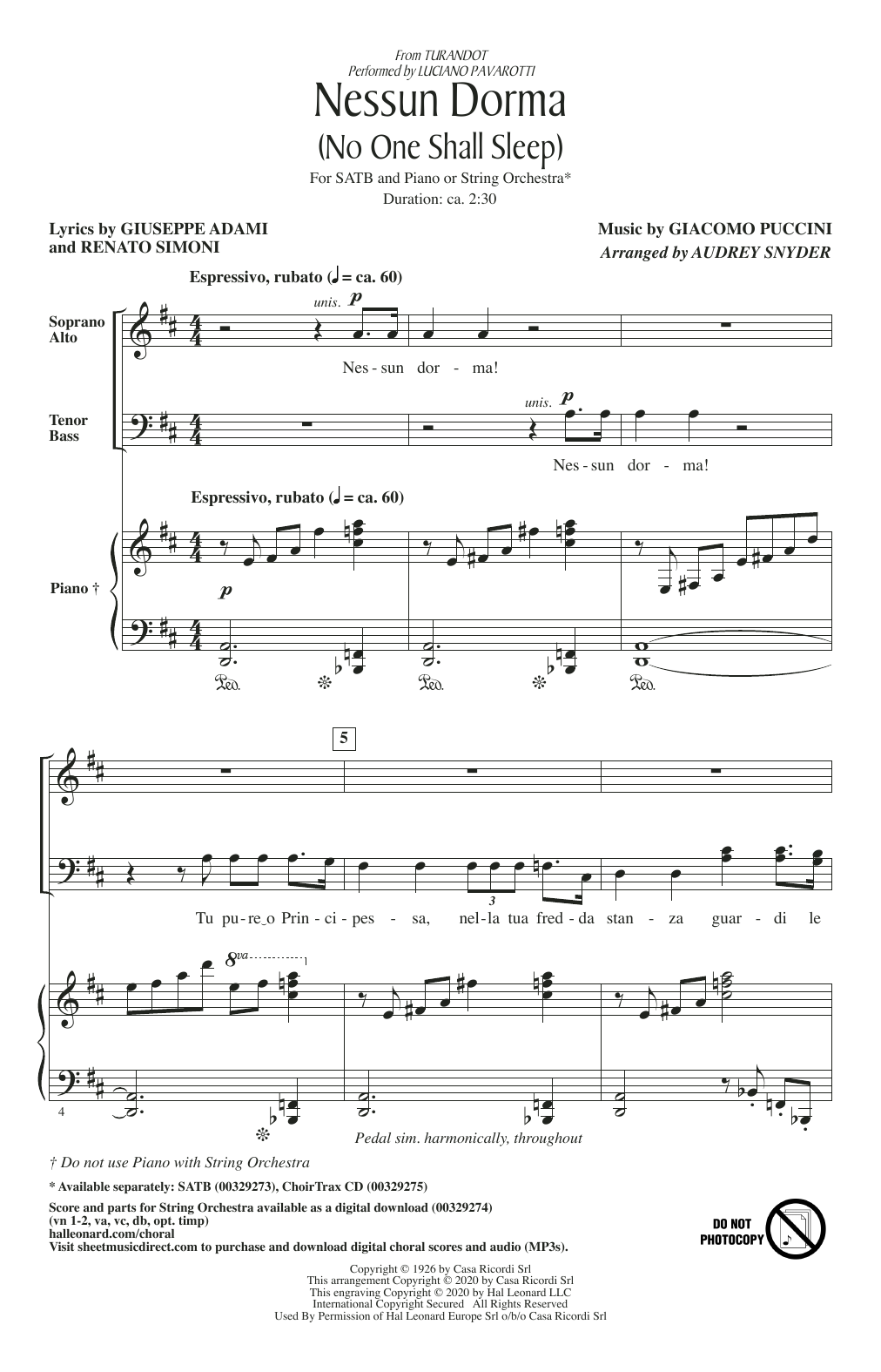 Luciano Pavarotti Nessun Dorma (No One Shall Sleep) (from Turandot) (arr. Audrey Snyder) Sheet Music Notes & Chords for SATB Choir - Download or Print PDF