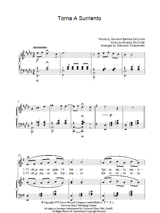Luciano Pavarotti Torna A Surriento Sheet Music Notes & Chords for Piano, Vocal & Guitar - Download or Print PDF