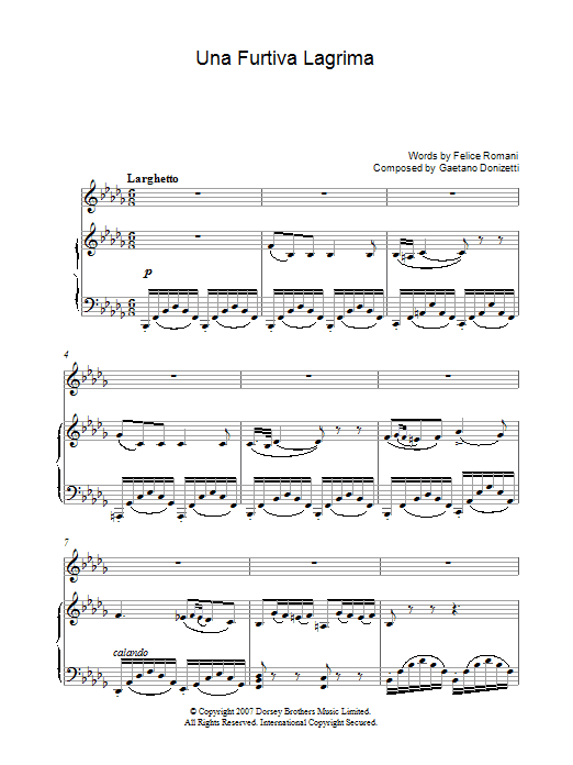 Luciano Pavarotti Una Furtiva Lagrima (A Furtive Tear) Sheet Music Notes & Chords for Piano, Vocal & Guitar - Download or Print PDF