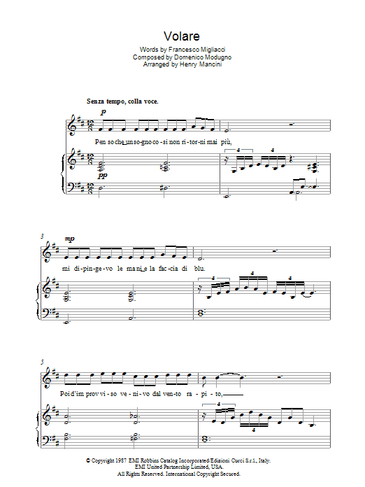Luciano Pavarotti Volare (Nel Blu, Dipinto Di Blu) Sheet Music Notes & Chords for Piano, Vocal & Guitar - Download or Print PDF