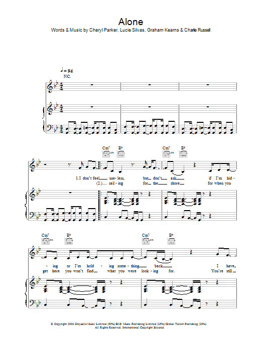 Lucie Silvas Alone Sheet Music Notes & Chords for Piano, Vocal & Guitar (Right-Hand Melody) - Download or Print PDF