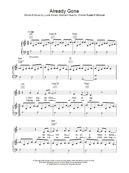 Lucie Silvas Already Gone Sheet Music Notes & Chords for Piano, Vocal & Guitar (Right-Hand Melody) - Download or Print PDF