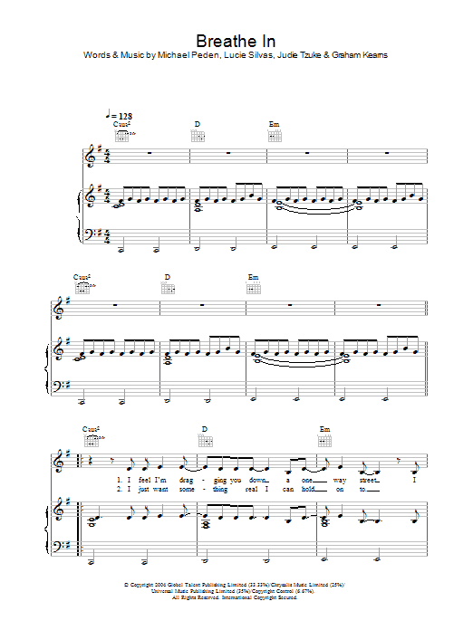 Lucie Silvas Breathe In Sheet Music Notes & Chords for Piano Chords/Lyrics - Download or Print PDF
