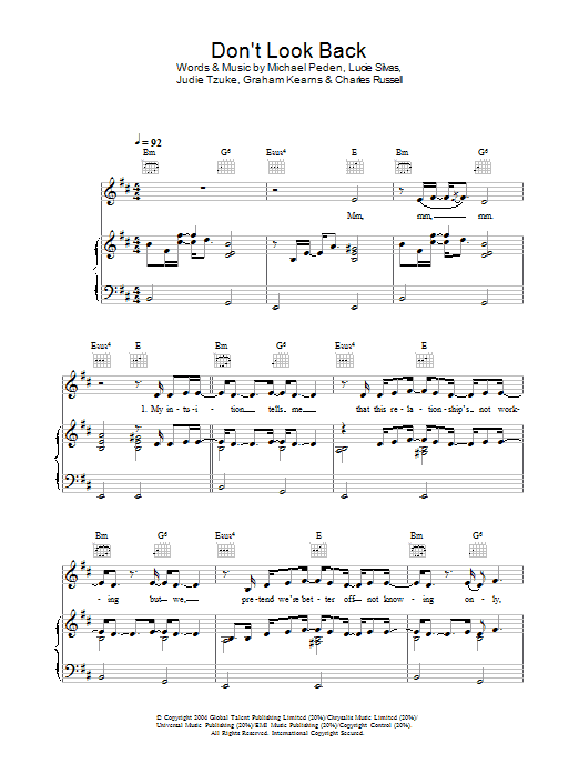 Lucie Silvas Don't Look Back Sheet Music Notes & Chords for Piano, Vocal & Guitar (Right-Hand Melody) - Download or Print PDF