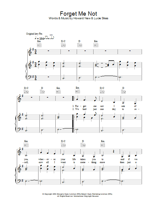 Lucie Silvas Forget Me Not Sheet Music Notes & Chords for Piano, Vocal & Guitar (Right-Hand Melody) - Download or Print PDF