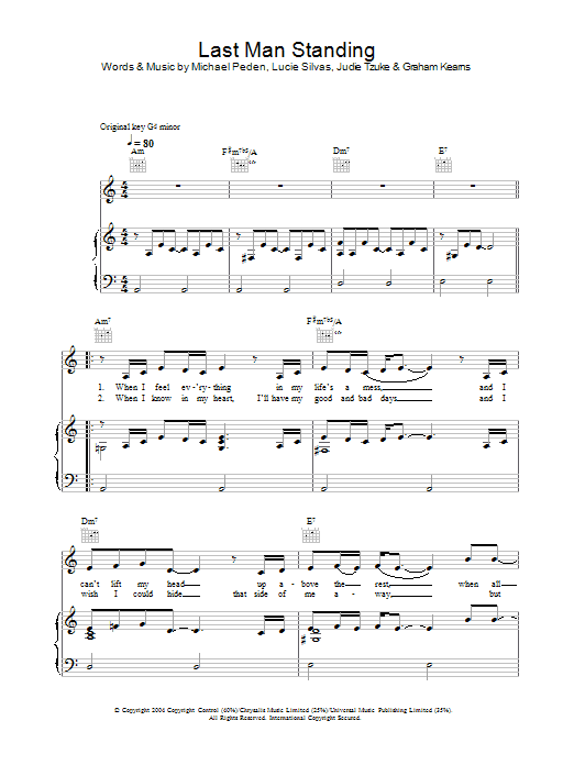 Lucie Silvas Last Man Standing Sheet Music Notes & Chords for Piano, Vocal & Guitar (Right-Hand Melody) - Download or Print PDF