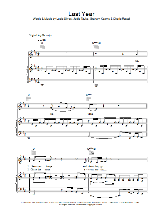 Lucie Silvas Last Year Sheet Music Notes & Chords for Piano, Vocal & Guitar (Right-Hand Melody) - Download or Print PDF