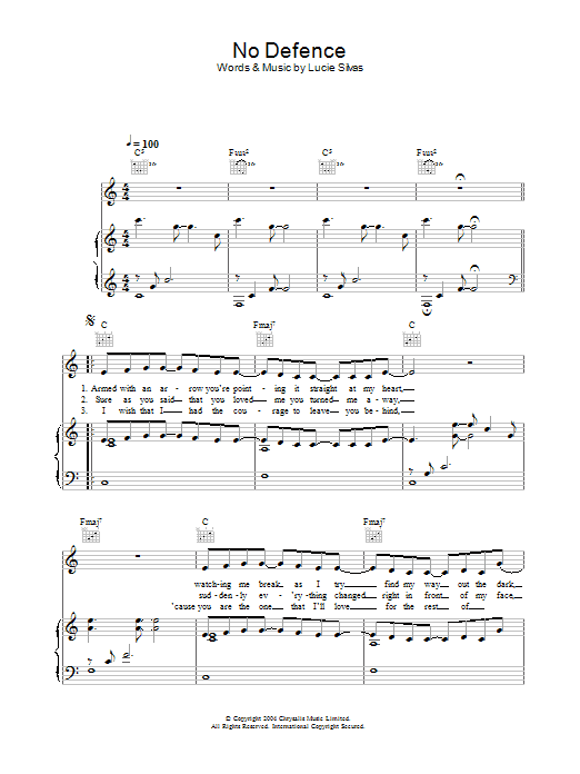 Lucie Silvas No Defence Sheet Music Notes & Chords for Piano, Vocal & Guitar (Right-Hand Melody) - Download or Print PDF