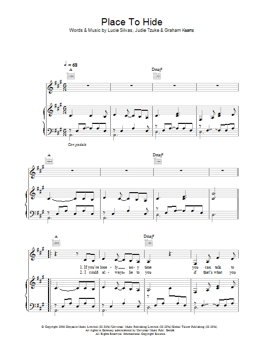 Lucie Silvas Place To Hide Sheet Music Notes & Chords for Piano, Vocal & Guitar (Right-Hand Melody) - Download or Print PDF