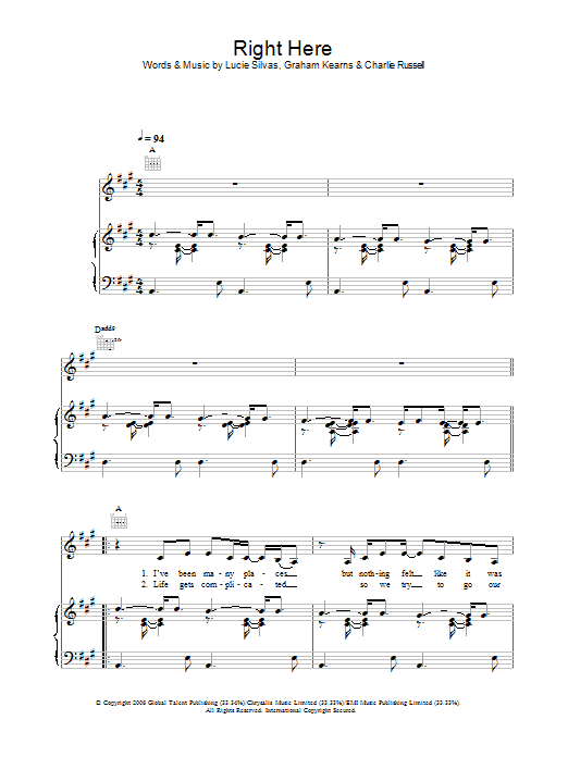 Lucie Silvas Right Here Sheet Music Notes & Chords for Piano, Vocal & Guitar (Right-Hand Melody) - Download or Print PDF